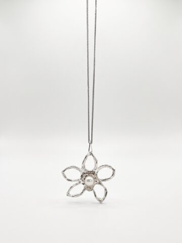 Silver open five-petal flower pendant with a white pearl at its centre, hanging on a fine silver chain, on a white background.