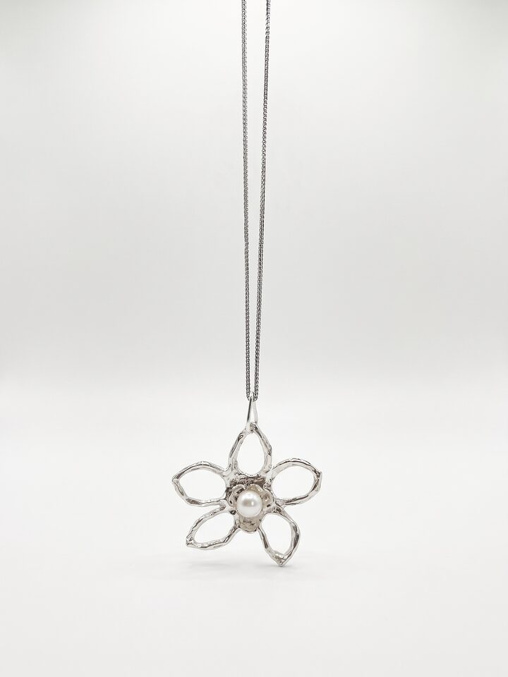 Silver open five-petal flower pendant with a white pearl at its centre, hanging on a fine silver chain, on a white background.