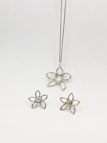 Silver open five-petal flower pendant with a white pearl on a fine chain, with two matching open flower stud earrings, on white.