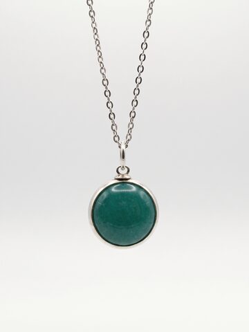 Round teal stone pendant in a smooth silver frame on a fine silver chain, on a white background.