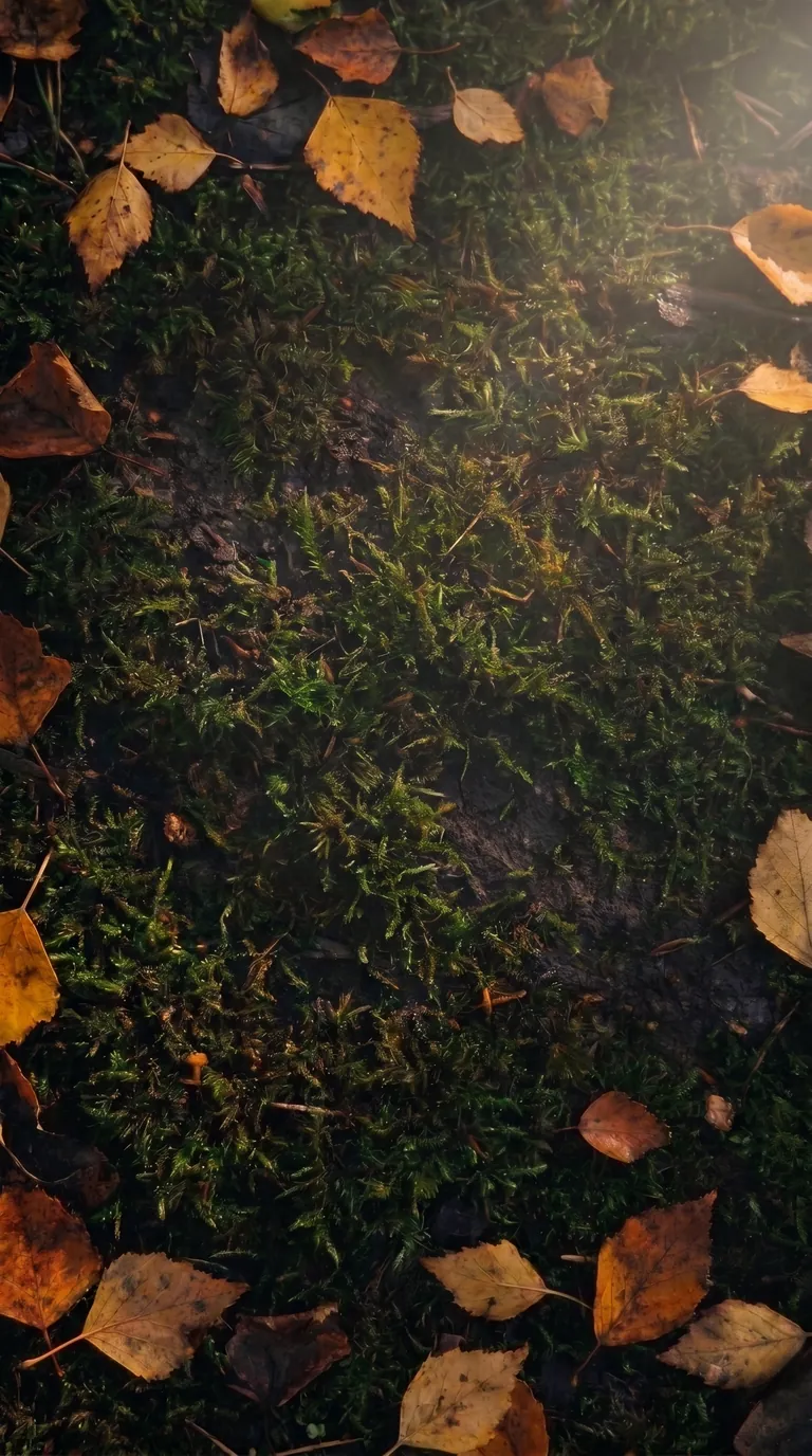 A golden heart-shaped linden leaf with drops of dew, resting on green moss among fallen autumn leaves in warm sunlight.